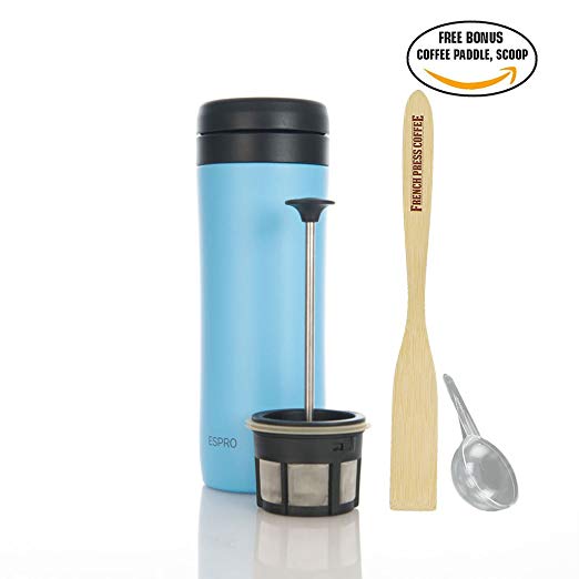 Espro Travel Press - French Press Travel Mug, Stainless Steel   Bonus Wooden Stirring Spoon (with Coffee Filter, Red, 12 oz) (with Coffee Filter, Sky Blue)
