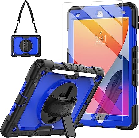 New iPad 8th Generation Case 9th Generation 2020 2021 10.2 Inch with Tempered Glass Screen Protector & Penchil Holder | Rugged Kids iPad 7th Gen 10.2 Case Cover 2019 w/Stand Hand Shoulder Strap |Blue
