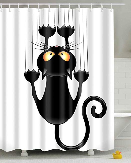 Leashy Shower Curtain DIY Funny Novelty Cat Print Waterproof Bathroom Drape, Mildew Proof Curtain with Hooks (Black Cat, 150x180)