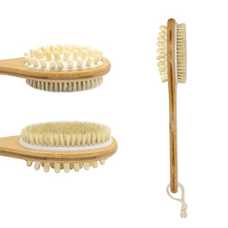 MAGGIFT Bath Brush, Bamboo Bath Brush for Back, Soft Natural Bristles Back Brush with Long Handle for Exfoliating Skin & Wood Beads for Massage - Use Wet or Dry,Bath Brush with Handle 13.8 inch