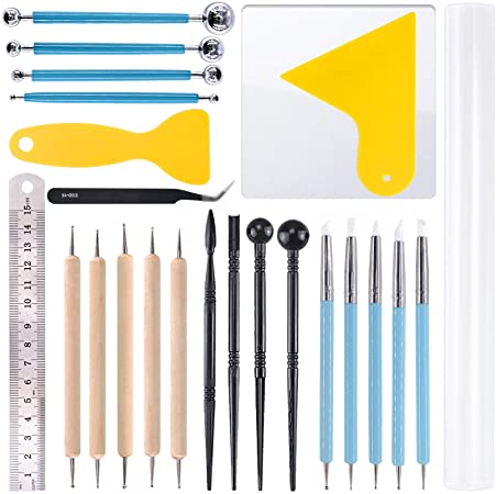 24 pcs Pottery Tools, Rustark Polymer Modeling Clay Sculpting Tools Set Dotting Pen, Silicone Tips, Ball Stylus, Pottery Ceramic Clay Indentation for Clay Ceramic Sculpture, Cake Fondant Decoration