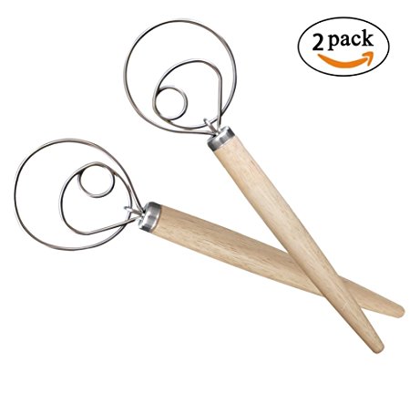 Acerich Danish Dough Whisk / Mixer Wood Handle (2 Pack), 13-Inch Stainless Steel Bread Dutch Dough Whisk