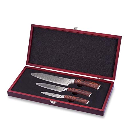 Wakoli Damascus Kitchen Knife Set, Japanese Damascus Steel VG-10, With Wooden Box