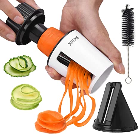 Vegetable Slicer Handheld Spiral - XREXS 2 in 1 Manual Vegetable Slicer Veggetti Spiral Slicer, Kitchen Gadget for Cutting Cucumber, Carrot, Zucchini, Veg Noodle Maker