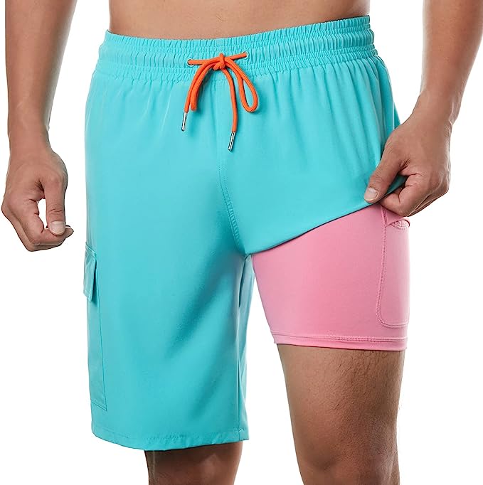 BRISIRA Mens Swim Trunks Swim Shorts with Compression Liner 9 inch Inseam Quick Dry Cargo Pocket Swimsuit Bathing Suits