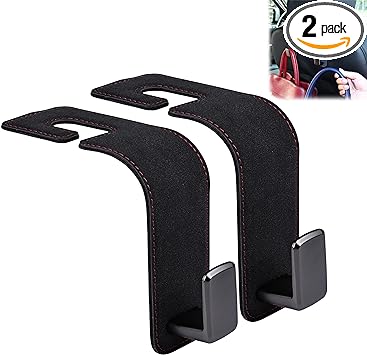 Amooca Car Seat Back Hook Universal Auto Storage Hanger Suede with Metal Car Seat Organizer for Handbag Purse Coat Umbrellas Grocery Bags 2 Pack Black