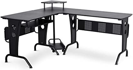 HOMCOM L-Shaped Corner Computer Office Desk PC Table Workstation E1 MDF with Keyboard Tray, CPU Stand, Black