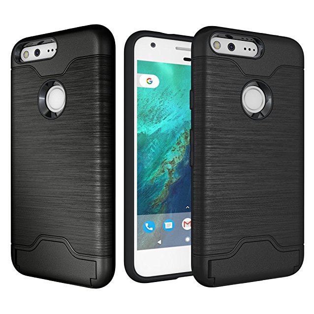 Google Pixel Case, (Black) Shock Drop Protection True Fit [Card Slot] [Brushed Texture] with Kickstand Cover for Google Pixel 5.0 inch 2016 Release