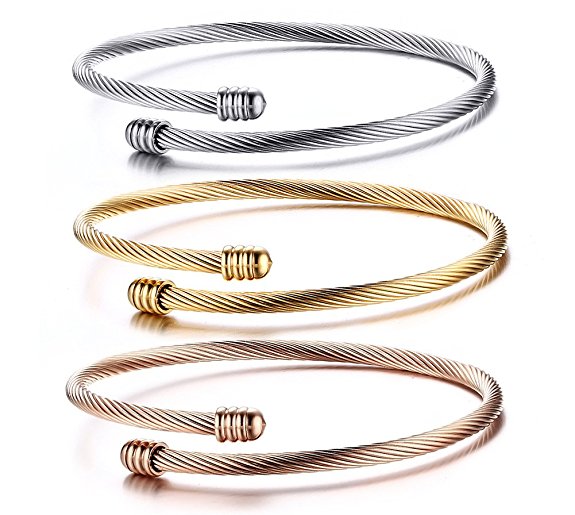 Fashion Stainless Steel Triple Three Stackable Cable Wire Twisted Cuff Bangle Bracelets Set for Women