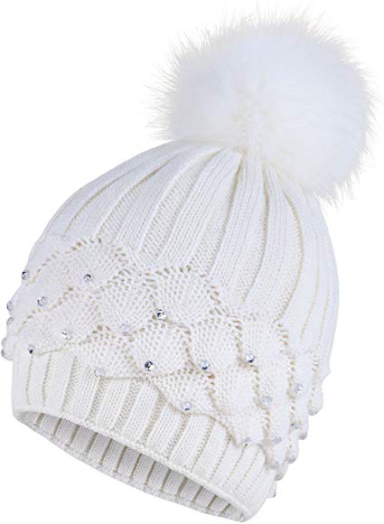 Arctic Paw Horizontal Cable Knit Beanie with Sequins and Faux Fur Pompom