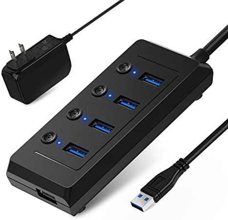 Powered USB 3.0 Hub, Maxcio 4 Port USB Data Hub Splitter with 1 USB Charging Port & Individual Switch USB Extender with 5V/3A Power Adapter & 3.3ft Extended Cable for Laptop, PC & Mac