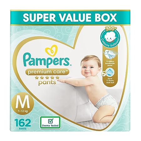 Pampers Premium Care Pants, Medium size baby Diapers, (M) 162 Count Softest ever Pampers Pants,