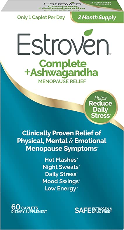 Estroven Complete   Ashwagandha Multi-Symptom Menopause Relief, Safe, Effective & Drug Free, Clinically Shown to Relieve Multiple Symptoms*, Reduces Hot Flashes & Night Sweats*, One Per Day, 60 Count