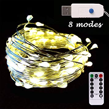 100 LED String Fairy Lights,8 Mode Dimmable Twinkling USB Interface/Remote/Timer,33ft/10M,Copper Starry Firefly Rope Wire for Christmas Decor,Patio Window,Garden,Garage,Valentine's Day,Warm White,CA