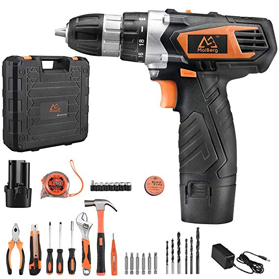 Cordless Drill, 12V Cordless Drill Driver 2x1.5Ah Batteries, Fast Charger 1.3A, 36Pcs Accessories, 18 1 Torque Setting, 2-Variable Speed Max Torque 200 In-lbs, 3/8" Keyless Chuck