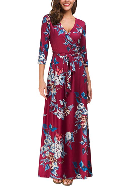 Kranda Womens 3/4 Sleeve V Neck Floral Print Faux Wrap Long Maxi Dress with Belt