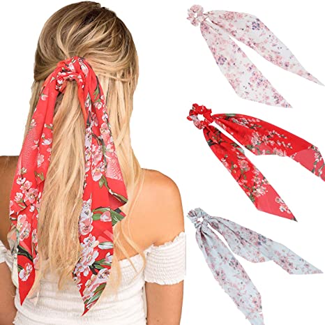 AWAYTR Chiffon Ponytail Hair Scarf Scrunchies - 3 Packs Flower Cashew Leopard Ripple Point Elastic Hair Ties Bow for Women (Flower Blue   Flower red   Flower Pink)