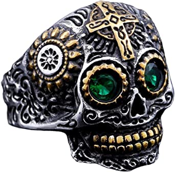 INRENG Men's Stainless Steel Silver Gold Gothic Cross Skull Ring Green Eye Vintage Flower Carved Halloween