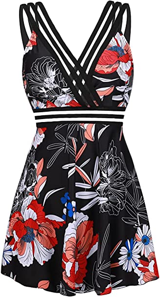 MiYang Women's One Piece Swimsuit Plus Size V-Neck Swim Dress Hollow High Waist Bathing Suit