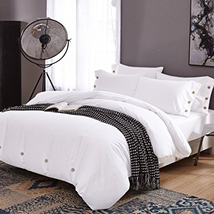 Duvet Cover Set Queen, 3 piece - 800-Thread-Count Hotel Luxury Hypoallergenic Microfiber Down Comforter Quilt Bedding Cover with Deco Buttons, Zipper, Ties - Best Modern Style for Men and Women, White