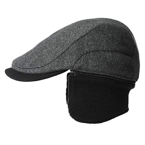 Siggi Wool Tweed Flat Cap Irish Duckbill Ivy Cap Winter Hat with Wool Knitted Earflap Warmer for Men