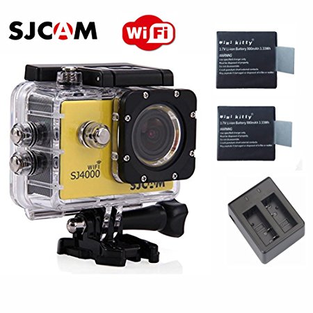 SJCAM Original SJ4000 WiFi Version Full HD 1080P 12MP Diving Bicycle Action Camera 30m Waterproof Car DVR Sports DV with Waterproof Case (Yellow)  Free Extra 2 Mini Kitty Batteries  Free Dual Charger