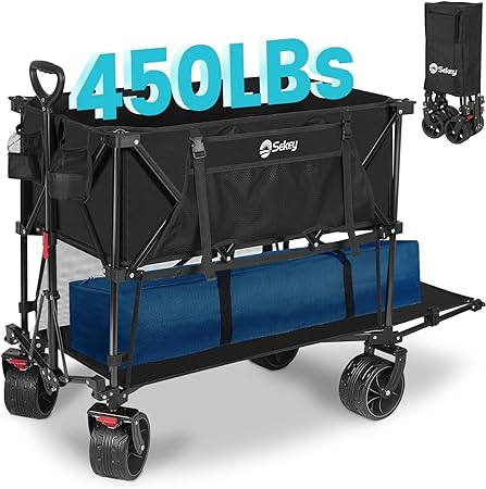 Sekey 400L Double Decker Wagon 50''L Extra-Long Extended Beach Wagon with 450lbs Weight Capacity, Heavy Duty Wagon Cart with All-Terrain Big Wheels for Camping, Sports, Garden.Black
