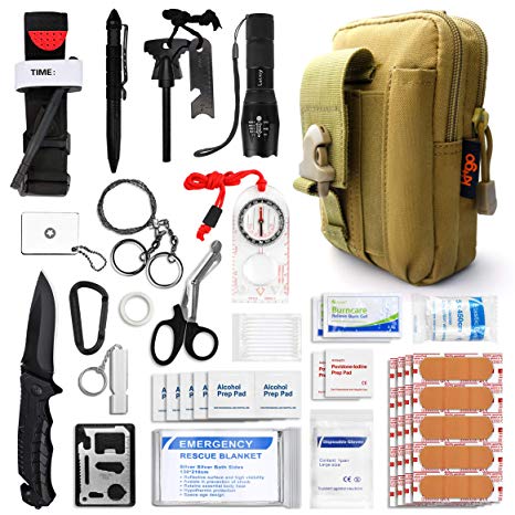 Kitgo Emergency Survival Gear and Medical First Aid Kit - IFAK Outdoor Adventure Camping Hiking Military Essential - Pro Compass, Fire Starter, CAT Tourniquet, Flashlight and More
