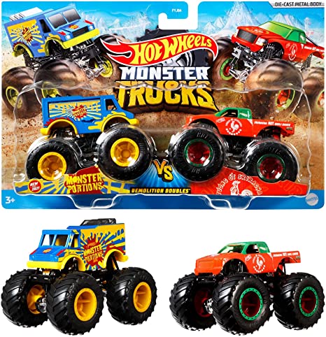 Hot Wheels Monster Trucks 1:64 Scale Die-Cast Demolition Doubles 2-Pack for Kids age 3 - 8 Years Old, Collectible Toy Truck with BIG Wheels for Crashing and Smashing [Styles May Vary]