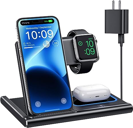 Wireless Charging Station, 3 in 1 Charging Station for Apple Devices, Wireless Charger for iPhone 15 14 13 12 11 Pro & Max Series, AirPods Pro/3/2, Apple Watch (Adapter Included) - Black