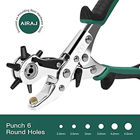 AIRAJ Punch Pliers Leather Belt Hole Punch Plier Revolving Multi Hole for Belts,Fabric,Rubber,Paper, Puncher Craft Maker Piler Tool Punch 6 Round Sizes From 5/64 Inch to 3/16 Inch