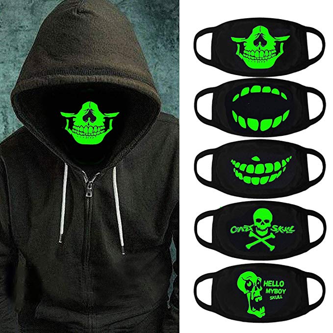 Luminous Mouth Mask,Aniwon 5 Packs Antidust Face Mask Party Cosplay Cotton Masks Glow in The Dark Mouth Mask (B)