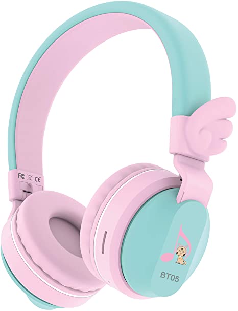 Headphones, Riwbox BT05 Wings Kids Headphones Wireless Bluetooth Over Ear 85dB/103db Volume Control Children Foldable Headphones with Mic/TF Card Compatible for iPad/iPhone/PC/School (Pink&Green)