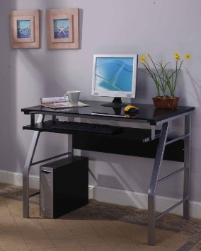 Kings Brand 2950 Glass and Metal Home Office Computer Workstation DeskTable Silver Finish