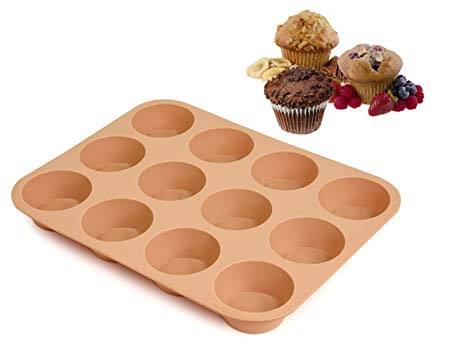 Silicone Muffin Pan - 12 Silicone Mold Large Cupcake Pan - Non Stick Silicone Molds for Baking Muffins, Cupcakes, Mini Cakes, Quiches - Hazelnut Color - Dishwasher Safe - BPA Free