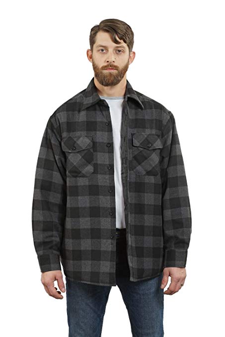 YAGO Men's Outdoor Quilted Lining Flannel Plaid Button Down Shirt Jacket with Side Pockets Charcoal/Blue