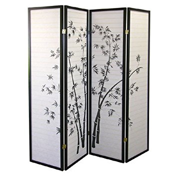 4 Panel Black Oriental Shoji Screen / Room Divider With Bamboo Print