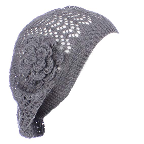 AN Open Weave Womens Crochet Mesh Beanie Hat Flower Fashion Soft Knit Beret Cap