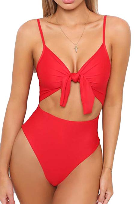 LEISUP Womens Spaghetti Strap Tie Knot Front Cutout High Waist One Piece Swimsuit