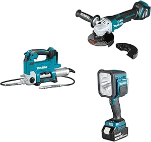 Makita 18V LXT Li-Ion Grease Gun, 18V LXT Li-Ion Brushless 4-1/2” / 5" Paddle Switch Cut-Off/Angle Grinder, w/Electric Brake, & 18V LXT Li-Ion L.E.D. Flashlight/Spotlight, Tools Only