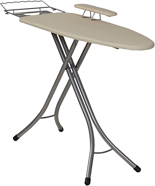 Household Essentials Pressing Station Steel Top Wide Ironing Board with Iron Rest and Sleeve Board | Cotton Cover and Silver Finish | 18" x 49" Iron Surface