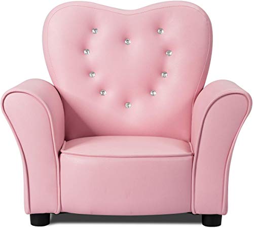 INFANS Children Sofa Pink, Kids PVC Leather Upholstered Couch with Bejeweled Backrest, Sturdy Wood Frame, Extra Thick Sponge, Multifunction Toddler Armrest Chair, Pink (23-Inch Single Sofa)