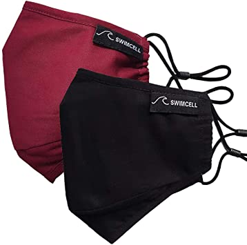 2 x SwimCell 3 Layer Cotton Face Masks with 4 x PM 2.5 Filters. Adjustable Nose Wire and Toggles. Zip Lock Pouch. Adults and Kids Sizes. Machine Washable. (Black and Dark Red, Adult 24 x 11cm)