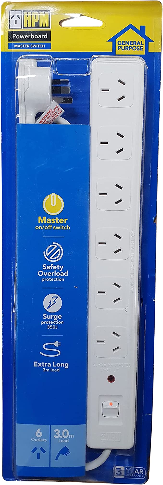 HPM 6 Outlet Surge Protected Powerboard with Master Switch