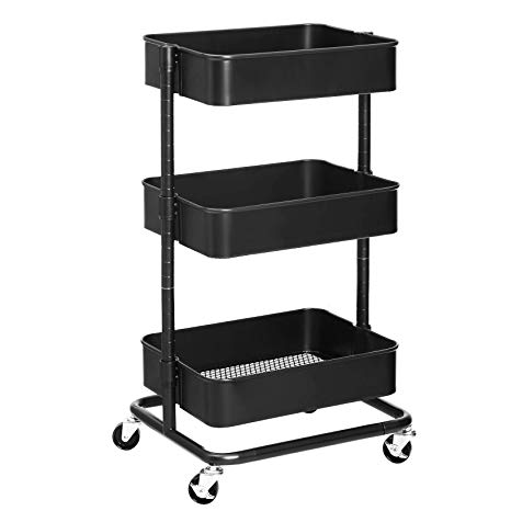 SONGMICS 3-Tier Metal Rolling Cart, Utility Cart, Kitchen Cart with Adjustable Shelves, Storage Trolley with 2 Brakes, Easy Assembly, for Kitchen, Bathroom, Black UBSC60B
