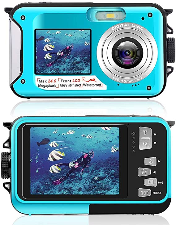 Underwater Camera Dual Screen 2.7K 24MP Waterproof Digital Camera HD Rechargeable Camera for Snorkeling, Camping, Underwater, Swiming (Blue)