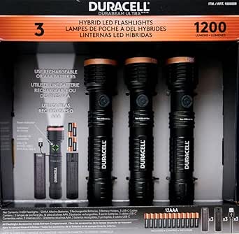 DURACELL Durabeam Ultra Hybrid LED Flashlights, 1200 Lumens, Set of 3, with Rechargeable and AAA Alkaline Batteries