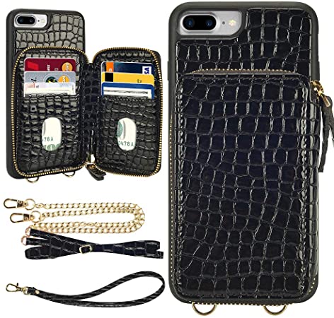 LAMEEKU iPhone 8 Plus Wallet Case, iPhone 7 Plus Stone Pattern Zipper Card Holder Slot Case with Strap Crossbody Chain, Shockproof Protective Phone Cover for iPhone 8 Plus/7 Plus 5.5"-Black
