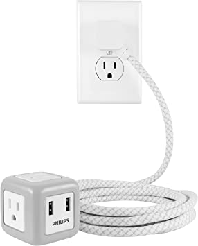 Philips, Gray/White, 3 Outlet Rubberized Cube, 2 USB, 2.4A, 10ft Braided Cord, SPS3102WB/37