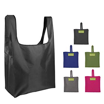 Reusable Bags Set of 5, Grocery Tote Foldable into Attached Pouch, Ripstop Polyester Reusable Shopping Bags, Washable, Durable and Lightweight (Black,Navy,Pink,Moss,Khaki)
